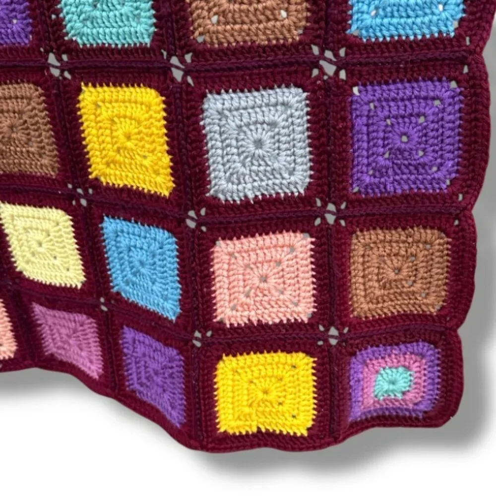 Vintage‎ Burgundy Colorful Granny Square Afghan Blanket Crochet Throw 52